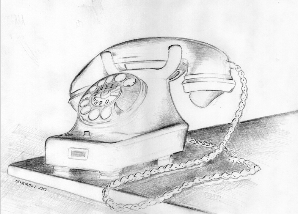 Antique rotary phone Siemens W48, pencil sketch from photo in grey scale and inverted.