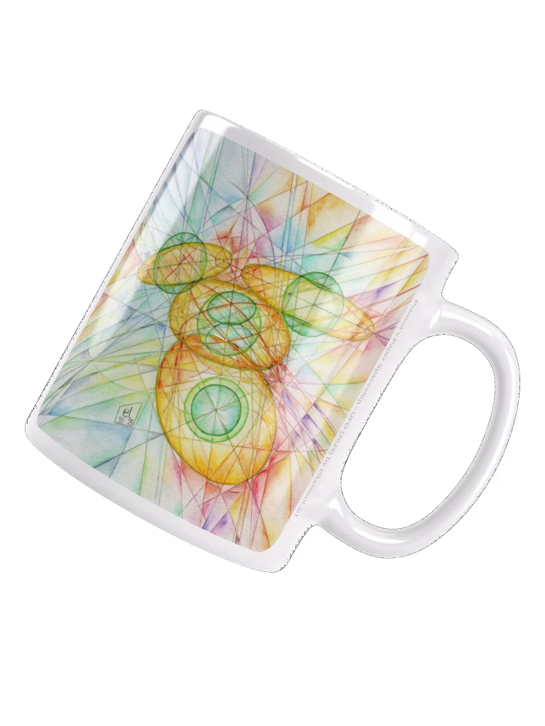 Mockup of a coffee mug printed with scans of two different watercolor pencil drawings by elkement. Traditional geometrical constructions showing the intersection of an ellipsoid and a sphere using orthographic projection. Colored to achieve a stained-glass-like style. The mockup shows the side featuring #1 of the series.
