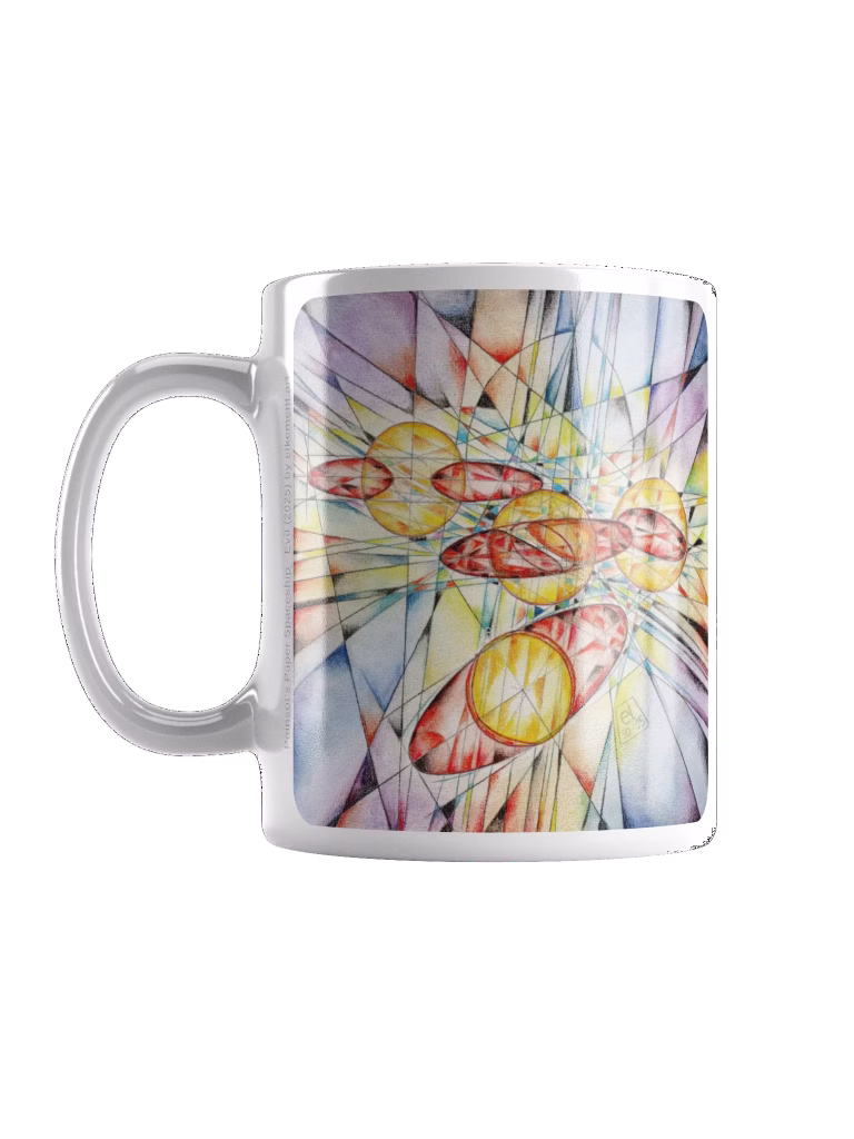 Mockup of a coffee mug printed with scans of two different watercolor pencil drawings by elkement. Traditional geometrical constructions showing the intersection of an ellipsoid and a sphere using orthographic projection. Colored to achieve a stained-glass-like style. The mockup shows the side featuring #4 of the series.